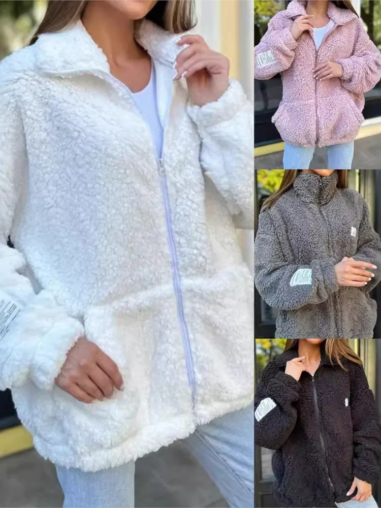 New Winter Warm Flip Collar Long Sleeve Outwears Fashion Solid Color Pocket Jacket Coats Loose Casual Furry Zipper Women's Coats