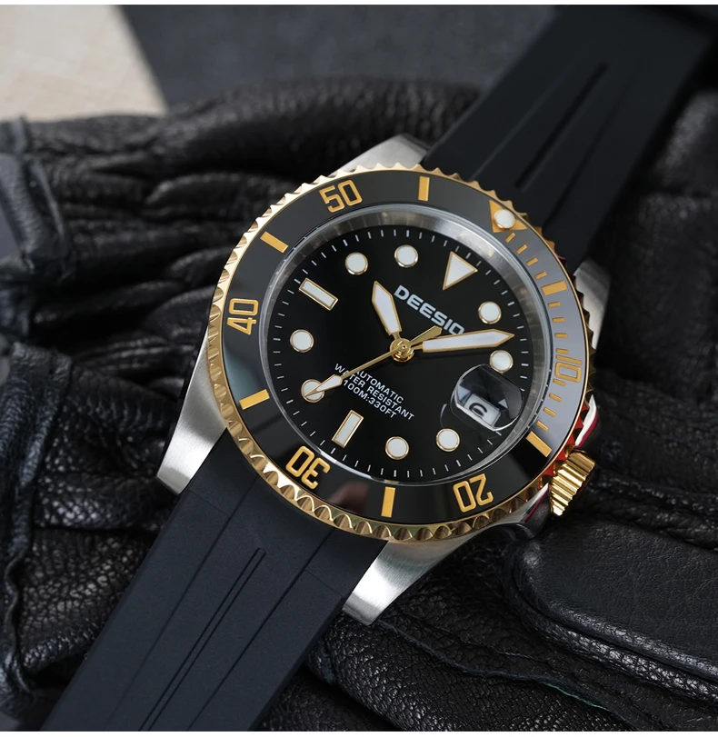 DEESIO Men's Luxury Full Automatic Mechanical Watch, Black-Golden Dial, Luminous Self-Winding, Date Calendar, High-Hardness Mineral Glass, Soft Silicone Rubber SweatproofStrap,Upgrade 100M Water Resistant, Business Casual Sport Analog Round Gift for Men