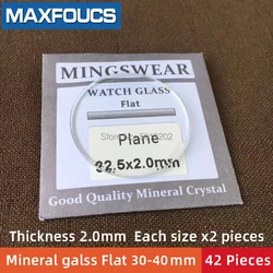 42pcs 30mm-40mm Watch Crystals Set Flat 2.0mm Thick Round Transparent 31.5mm 32mm 32.5mm 33mm 33.5mm 34mm 34.5mm Mineral Glass