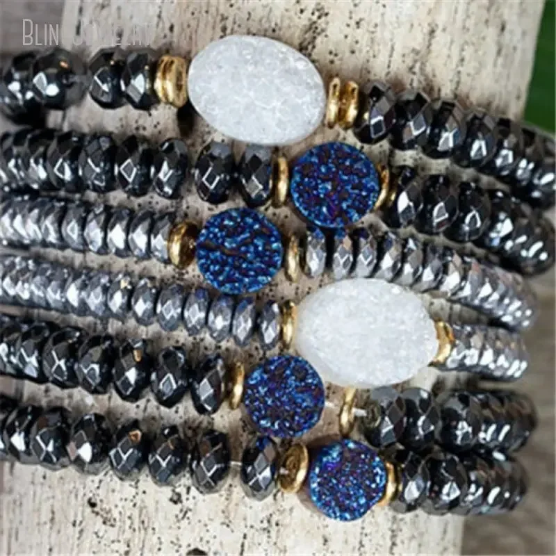 10pcs Rondelle Hematite Bead Blue White Druzy Crystal Charm Bracelet Stacking Women Emo Gift Friends Boho Hippie Jewelry Anime