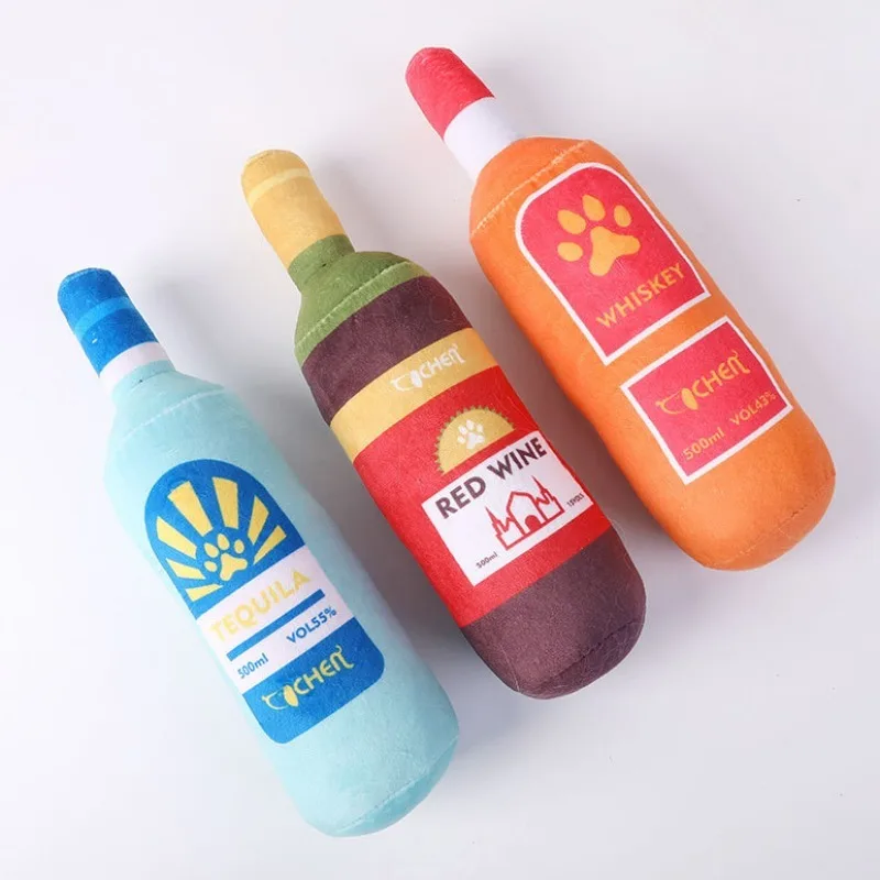 Pet Toys Make Sounds Cats Dogs Toys Red Wine Bottle-shaped Tear-resistant Bite-resistant Anti-boring Q Cute Plush Toys Cute