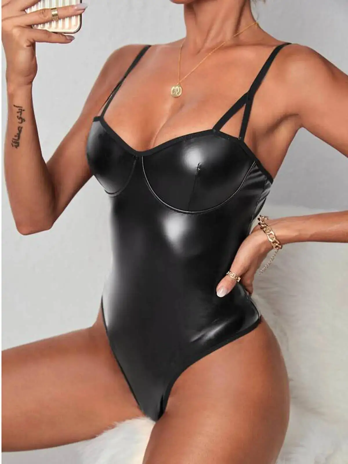 Sexy Women's Suspender Patent Leather Home Wear Bodysuits Playful Backless Deep V Sleeveless Bodysuits Pure Desire Charming 4HEA