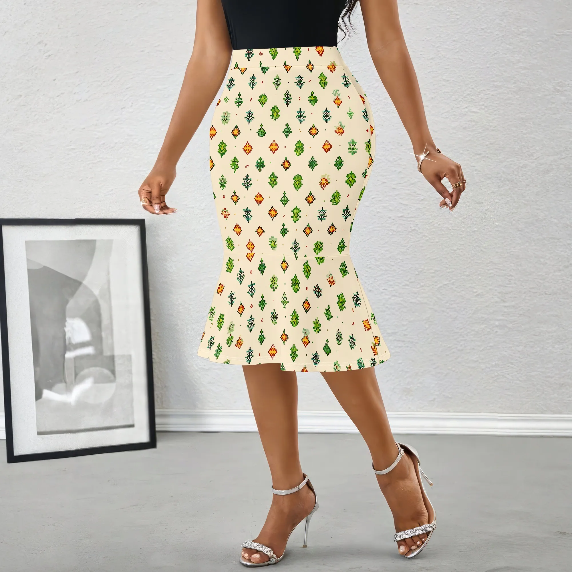 High Waist Pencil Skirt, Green Tree Print Midi Skirt, Geometric Pattern Women's Skirt, Office Wear Casual Party Skirt, S-2XL