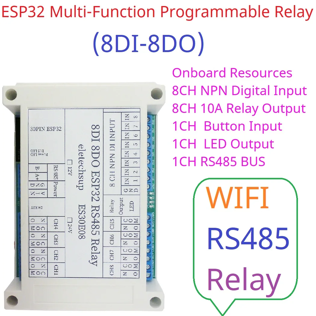 8CH ESP32 WiFi Relay Module DC 12-24V, Modbus RS485 IO Expansion Board for Arduino IoT