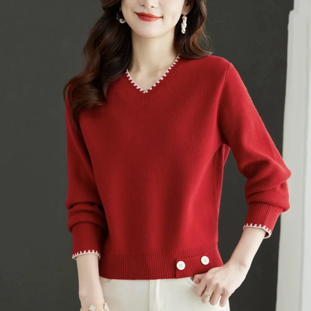 Faionable ort V-Ne Women's Knitwear Ele European Sle Sweater Spring Autumn Small Size Bright Tead Wool Blend