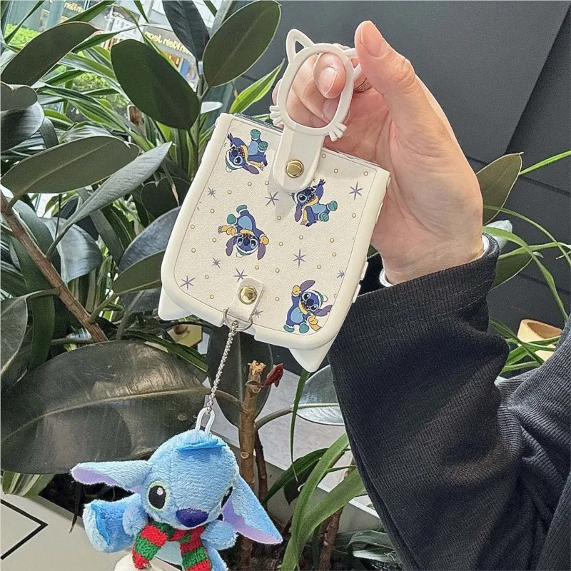 3D Cat Ears Stitch Leather Phone Case for Samsung Galaxy Z Flip 3 4 5 6 7 7FE Kawaii Cover with Ring Holder & Doll Lanyard