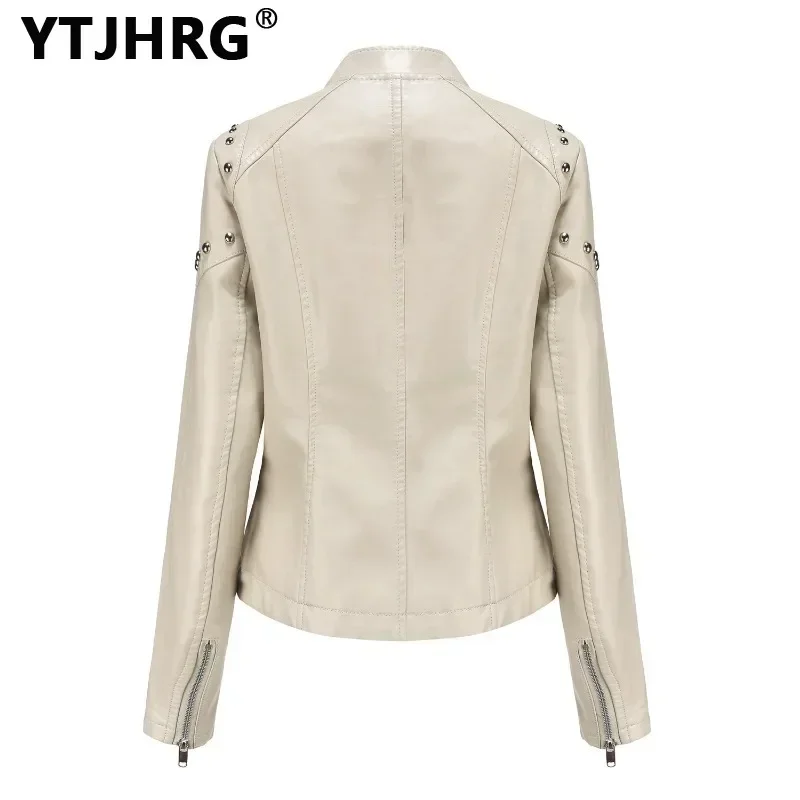 YTJHRG-chaquetas de motorista para mujer, Tops con remaches, cuello levantado, piel sintética, dobladillo Irregular, abrigo de PU con bolsillo,