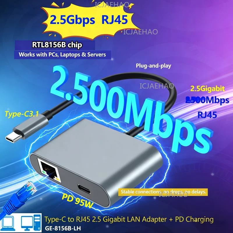 

Адаптер USB-C на Ethernet 2500 Мбит/с с портом зарядки Type-C PD 95 Вт, сетевой адаптер RJ45 2.5 Мбит/с для ноутбуков и ПК, чипсет RTL8156B