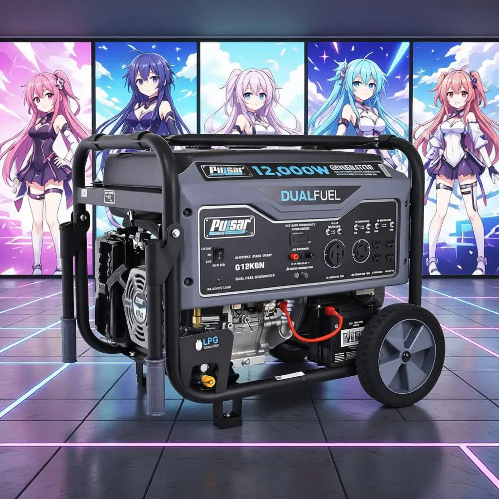 

Портативный двухтопливный генератор — номинальная мощность 9500 Вт/пиковая мощность 12000 Вт — запуск от газа и электричества, с переключателем, готов к использованию в автодомах, соответствует стандартам CARB