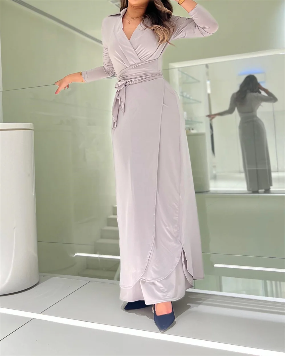 

ROYET Pleat V Neck Long Sleeve Simple Party Evening Dress For Woman Ankle Length Belt Classic Prom Gown Customized New 2025