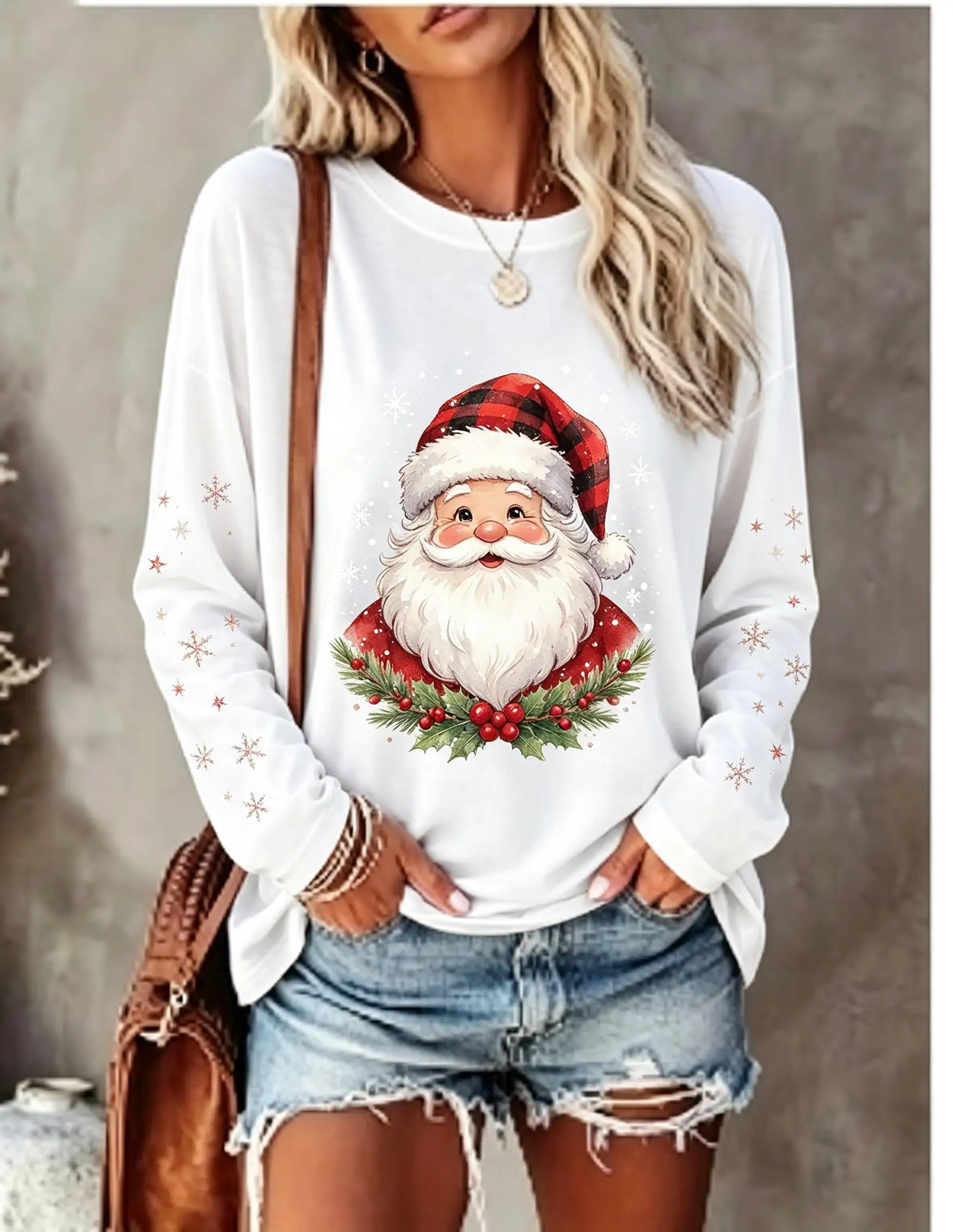 Women Long Sleeve T‑Shirt Christmas Buffalo Plaid Hat Scarf Snowman Wreath Color Cuff Snowflake Print Crew Neck Casual Tops