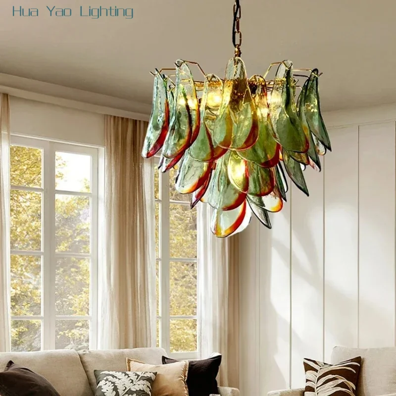 Modern Creative Blue Glass Petal LED Pendant Lamp Living Room Dining Table Bedroom Kitchen Retro Chandelier Home Decor Lighting