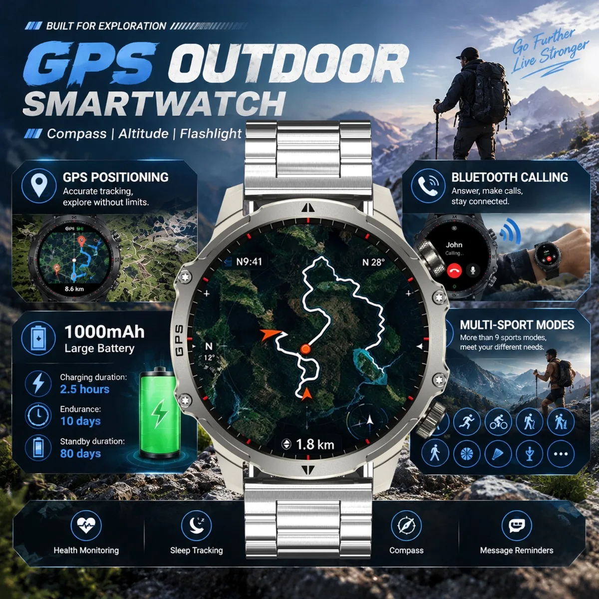 New GPS Positioning Smart Watch Men: Bluetooth Call 1000mAh IP68 Waterproof Sport Mode Flashlight Compass Altitude Smartwatch