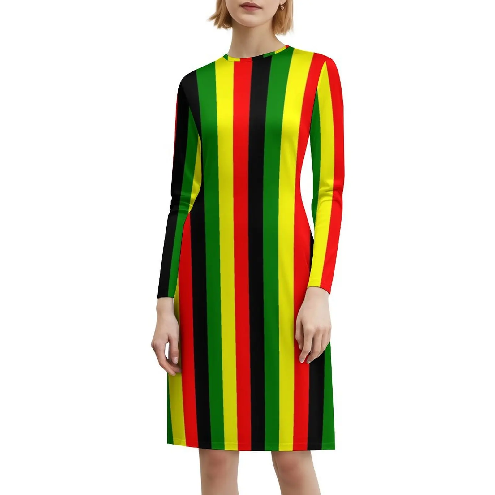فستان قصير بألوان الراستا أحمر أخضر ذهبي ألوان زاهية مخطط على طراز بريبي للنساء على شكل حرف a فضفاض مناسب فستان يوم غير رسمي الراستا #6