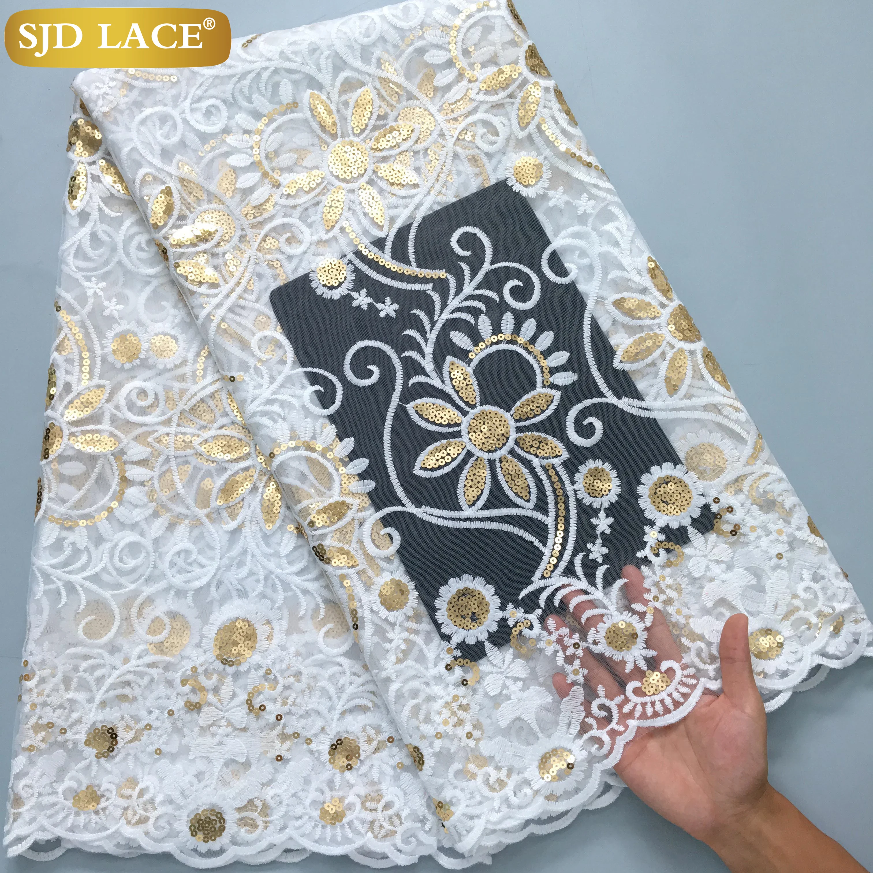 

SJD LACE African Mesh Woman Lace Fabric High Quality 2024 Nigerian Sequins Net Lace Fabrics for Sewing Wedding Dress Tissue 3976