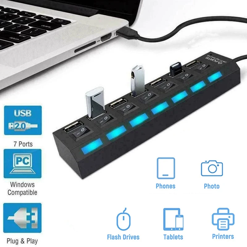 USB HUB 2.0 USB Splitter To Usb Adapter Multiple 7 Ports Charger With ON/OFF Switch For Macbook Laptop PC Computer Accessories