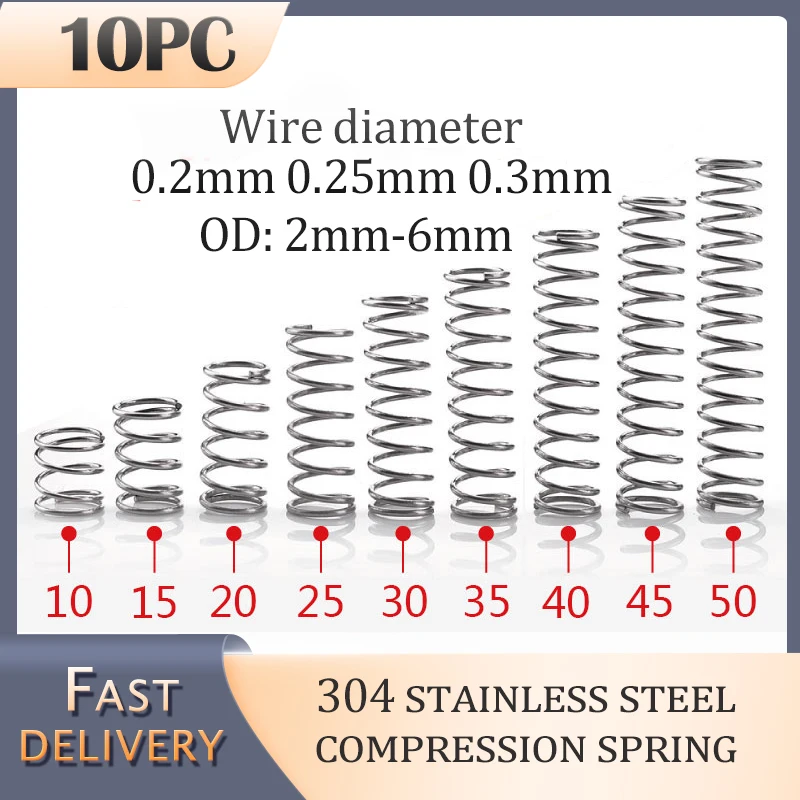 10pcs SS304 stainless steel compression spring thickness 0.2mm 0.25mm 0.3mm Mini spring Household maintenance tools accessories