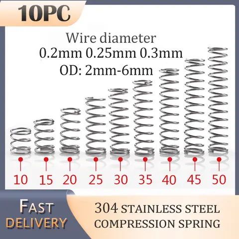10pcs SS304 스테인레스 스틸 압축 스프링 두께 0.2mm 0.25mm 0.3mm 미니 스프링 가정용 유지 보수 도구 액세서리