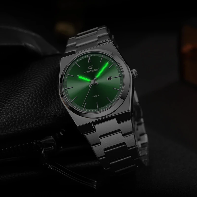 CHAXIGO 7553 الأعمال رقيقة جدا ساعة رجالي مقاوم للماء مضيئة ساعة كوارتز سبيكة حالة التقويم الصلب قطاع الساعات للرجل