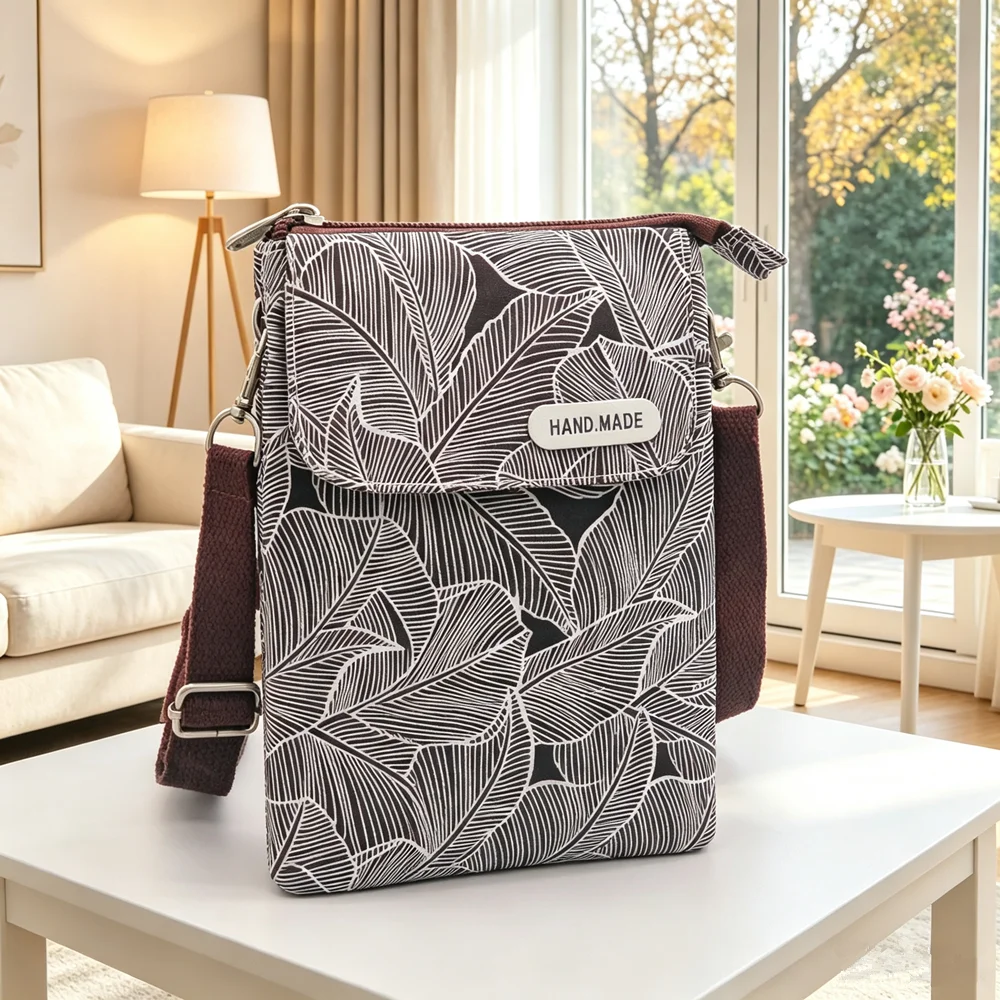 National style large-screen cotton fabric 5-layer diagonal cross-body phone bag for girls, diagonal backpack, portable small bag