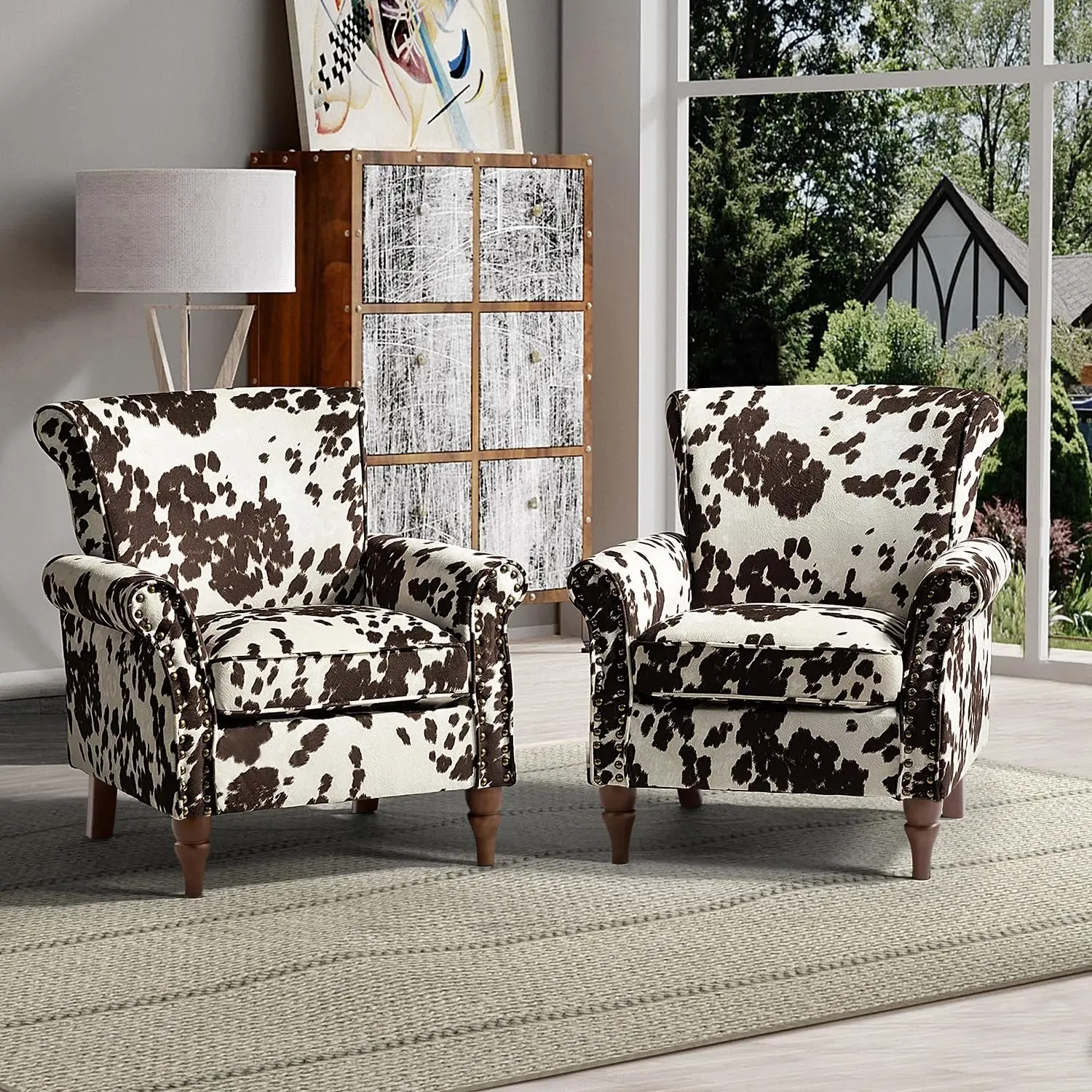 Modern Wingback Accent Chairs Set of 2 w/ Wood Legs & Removable Cushion, Comfy Upholstered Armchairs with Nailhead Trim, Cowhide