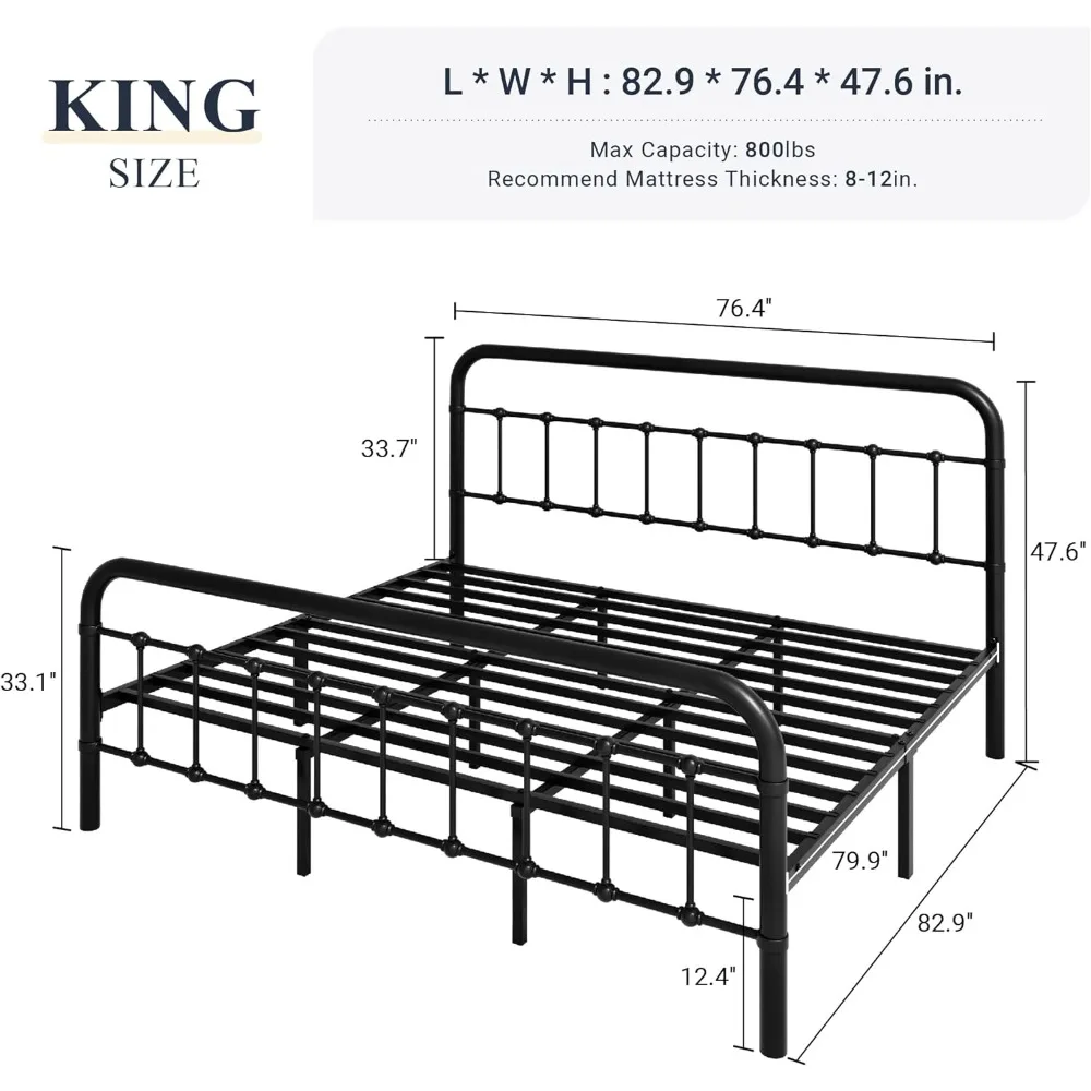 King Size Bed Frame with Victorian Style Wrought Iron-Art Headboard/Footboard, Metal Platform Bed Frame