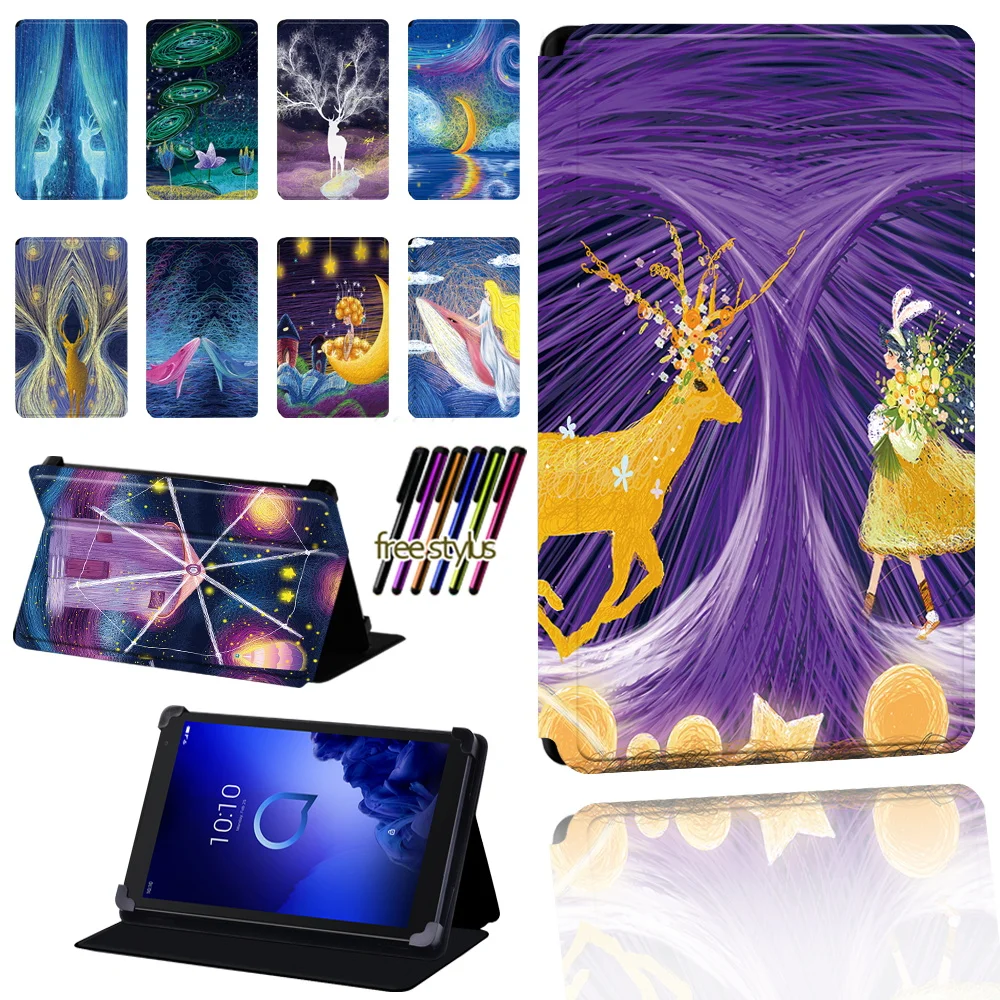 

Leather Case for Alcatel 1T 7 10/3T 8 10/A3 10 Tablet Paint Pattern Foldable Scratch Resistant Protective Case Cover