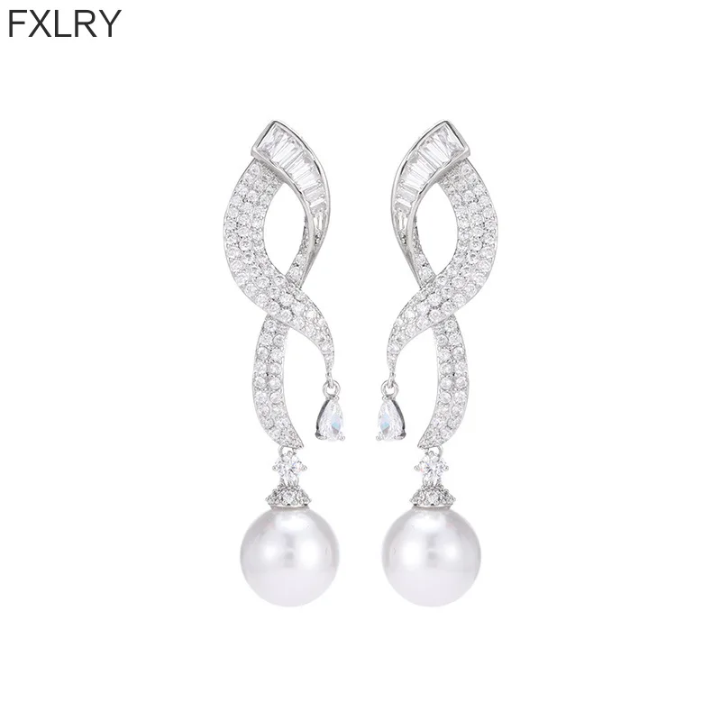 FXLRY Fashion Simple Temperament Long Geometric S925 Silver Needle Pearl Cubic Zirconia Earrings for Women