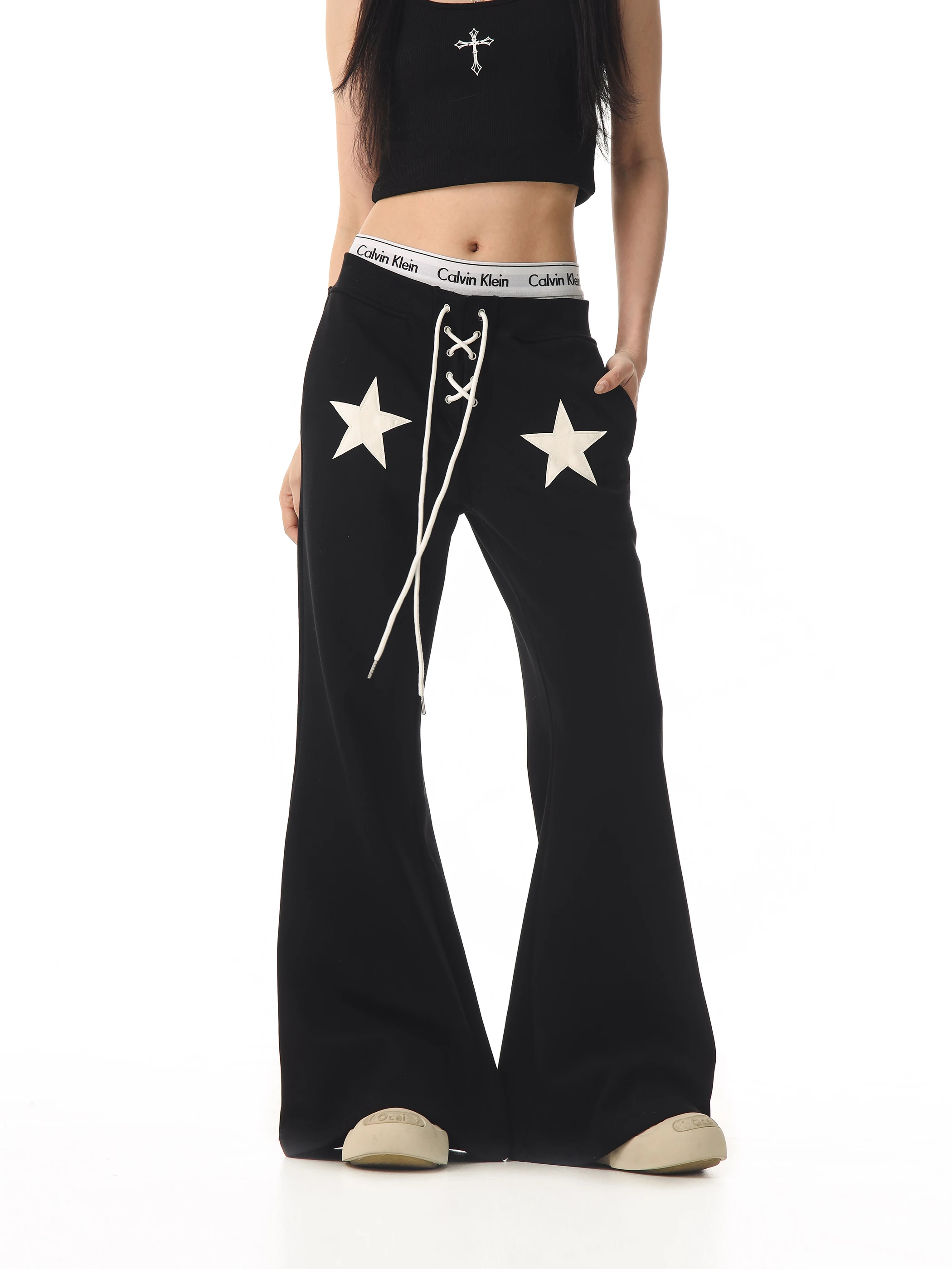 

Повседневные расклешенные брюки с лоскутным дизайном и поясом с принтом звезд, зимние, удлиненные, для женщин, на каждый день