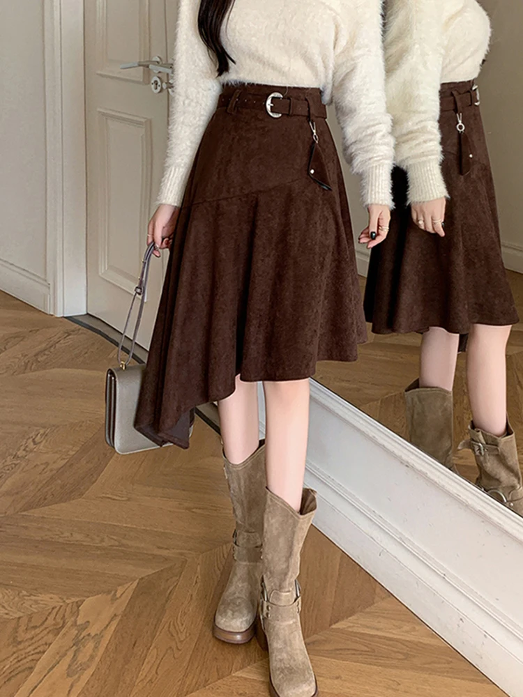 

Retro Suede A-Line Skirt Asymmetrical High Waist Slimming Women's Spring 2026 New Design Sensation Ci Walk Skirt