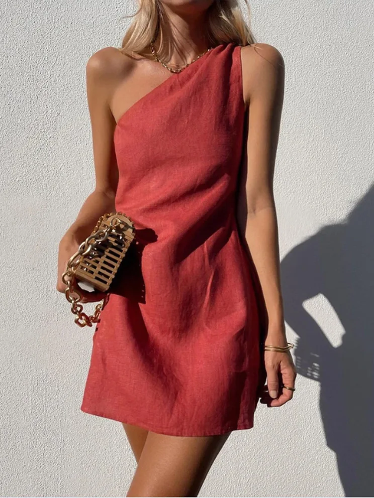Solid Color Textured One Shoulder Sleeveless Mini Dress Casual A Line Short Dress