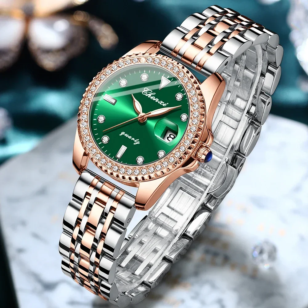 CX-385 CHENXI Women Watch Brand Fashion Leather Quartz Wrist Watch Ladies Waterproof Clock Classic Retro Women's Green Watches