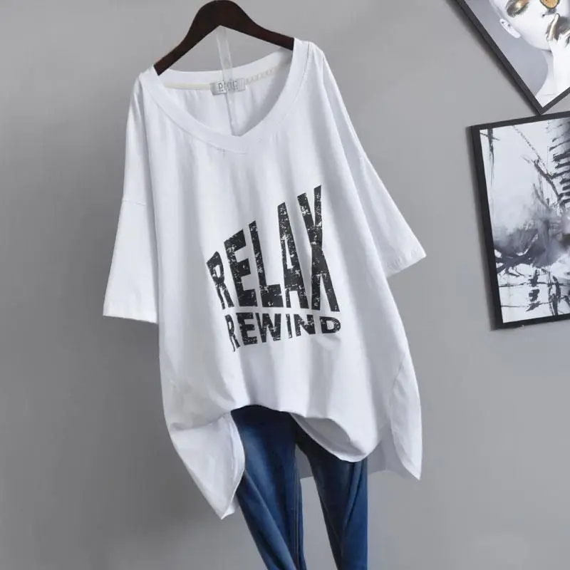 

Spring Summer Casual T Shirts Women Letter Printing Loose Oversized T-shirt Skirt Korean Style Fork Short-sleeved Lager Size Top