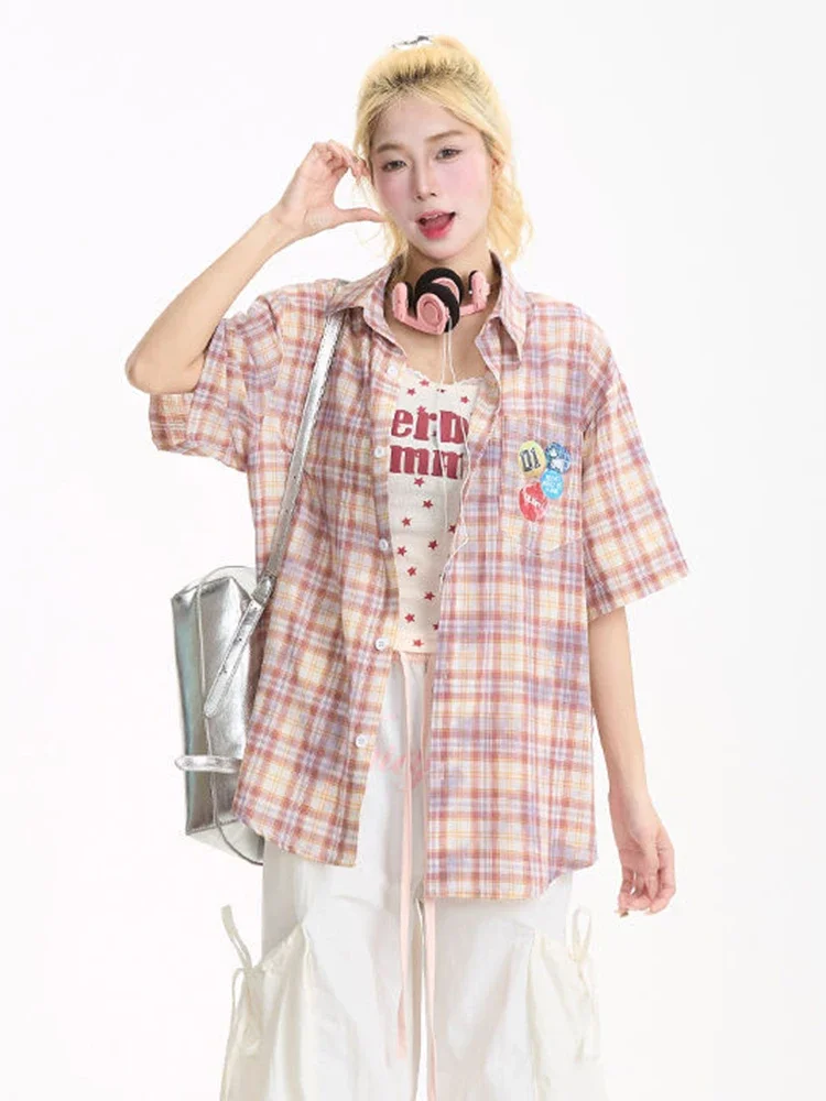 

Y2k Retro Plaid Shirt Women Oversize Casual Streetwear Short Sleeve Blouse Vintage American Bf Loose Harajuku Tops Summer