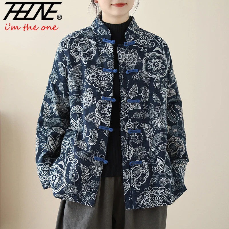 THHONE Winter Jackets for Women Clothes 2024 Parkas Coat Chinese Style Padded Thick Casual Retro Print Korean Women's Clothing