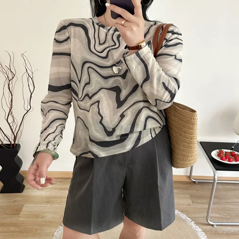 2024 Autumn Winter Ink wash painting wave Cashmere Sweater Women O-Neck Long Sleeve Women Pullover Cashmere Sweater Women