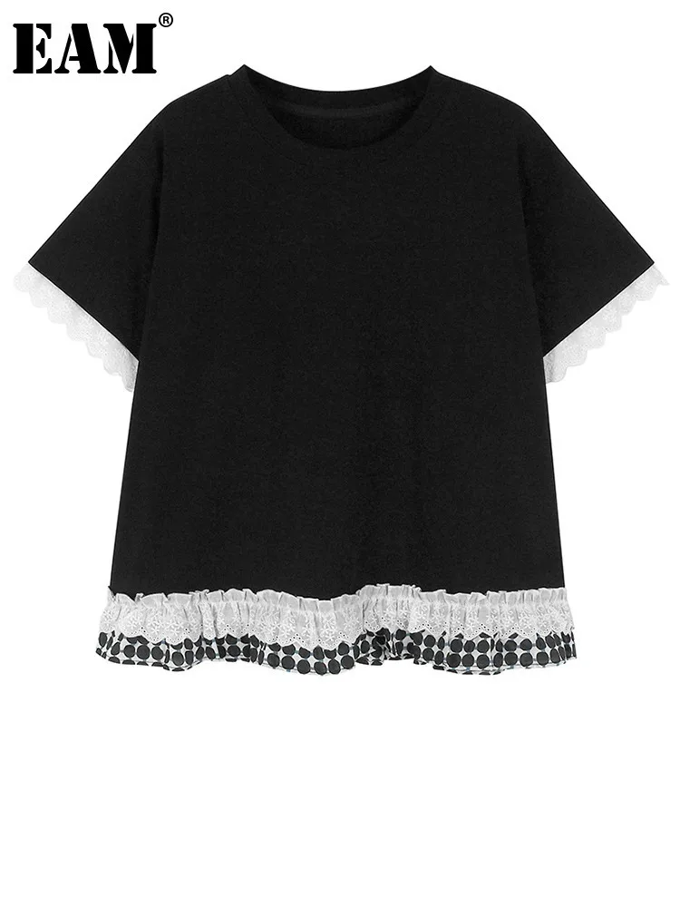 

[EAM] Women Gray Dot Lace Ruffles Big Size Casual T-shirt New Round Neck Short Sleeve Fashion Tide Spring Summer 2024 1DH6105