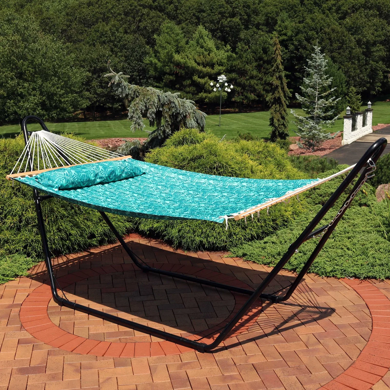 

Large Quilted Hammock with Spreader Bar and Pillow - Blue Tropics by Sunnydaze