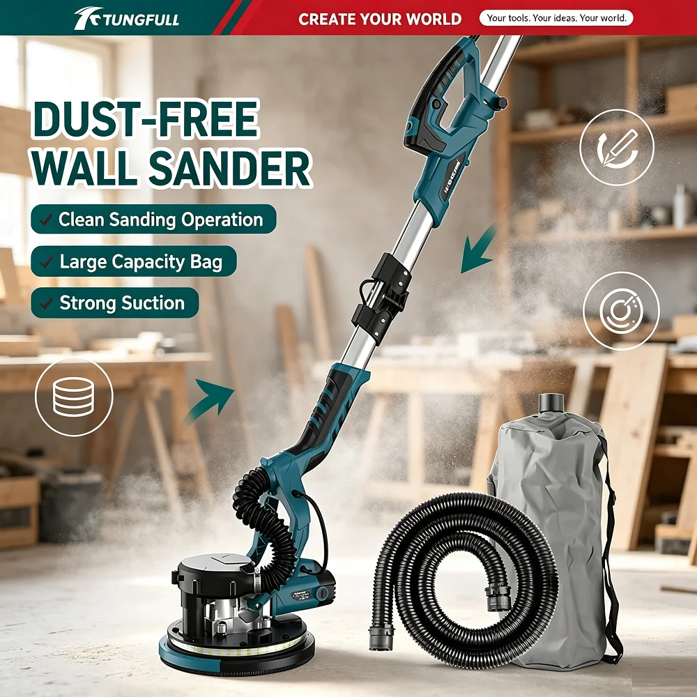 Drywall Sander Adjustable Telescopic Rod 6 Speed All Copper Motor Dust Suction Wall Ceiling Putty Polishing Machine