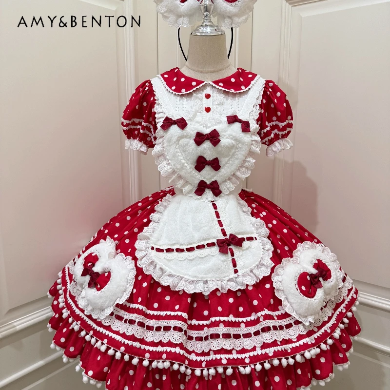 

Japanese Design Blue Polka Dot Fluffy Lolita Cute Bow Puff Sleeve Dress 2025 Autumn New Sweet Y2k Age-Reducing Dresses Ladies