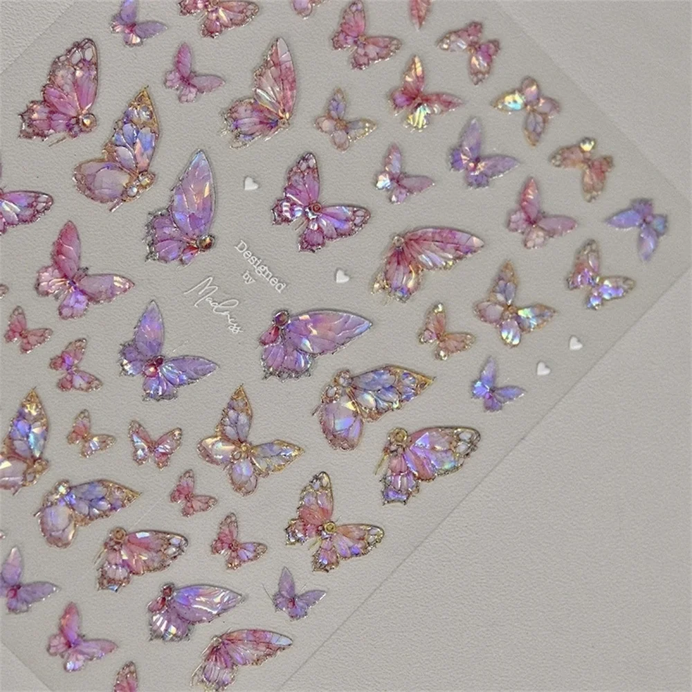 1 sztuk 5D japoński Kawaii motyl naklejki do paznokci luksusowe brokatowe powłoki Aurora ozdoby do paznokci naklejki DIY Manicure suwak folia
