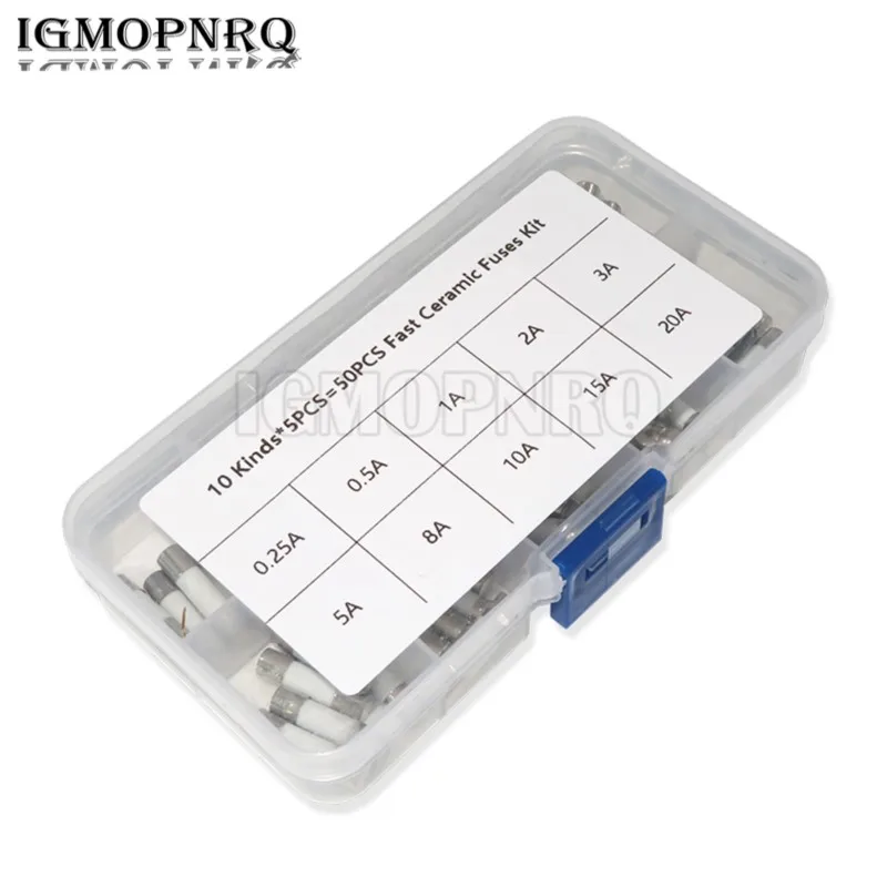 

50PCS 10Values 5*20mm Fast Ceramic Fuses Kit 250V 5mm X 20mm 0.25A 0.5A 1A 2A 3A 5A 8A 10A 15A 20 AMP Fuse Tube Assortment NEW