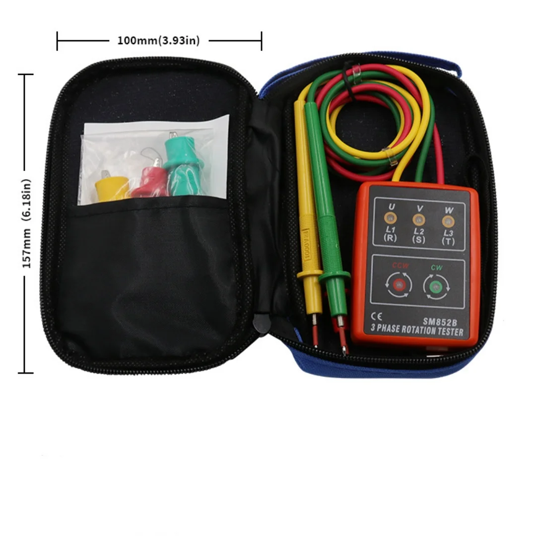SM852B Portable Phase Sequence Tester, 3-Phase AC Rotation Meter, Voltage/Current Detector, Phase Rotation Indicator for Electri
