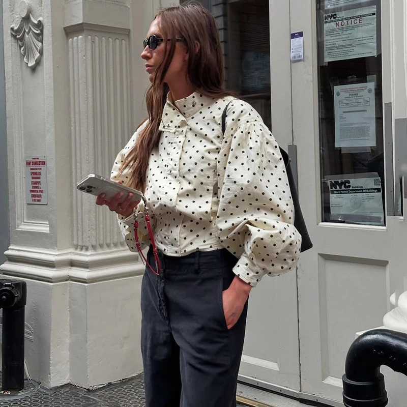 TARUXY موضة البولكا نقطة طباعة سترة معطف المرأة الوقوف طوق بأكمام طويلة ملابس العمل معطف Ins الساخن قصيرة سترات نسائية غير رسمية #6