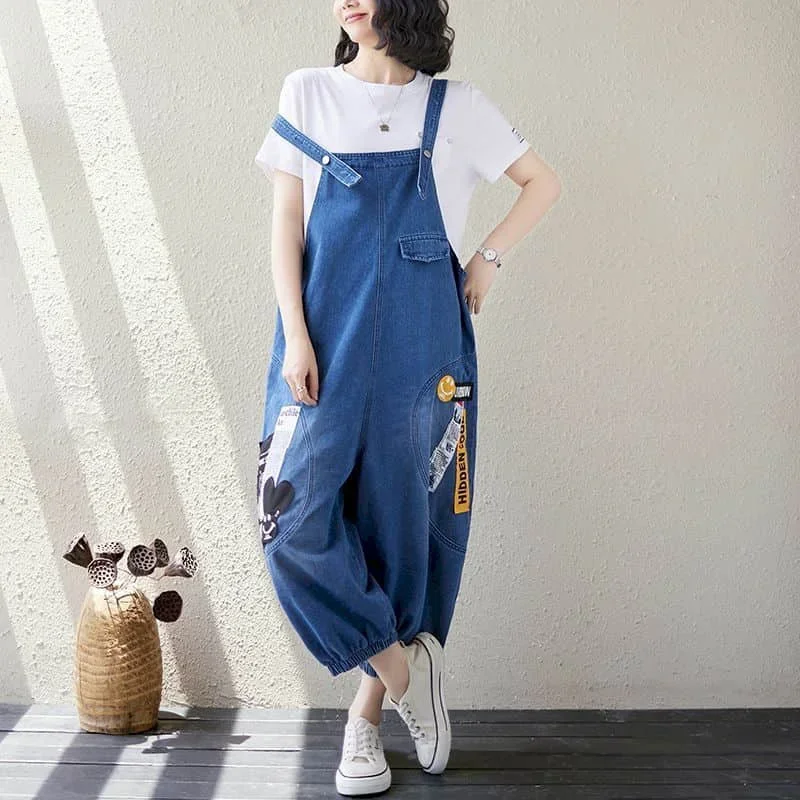 DENIM Jumpsuits ผู้หญิง Patchwork Streetwear Harem กางเกง VINTAGE One Piece ชุดเสื้อผ้าผู้หญิง High Street หลวมสบายๆ Romper