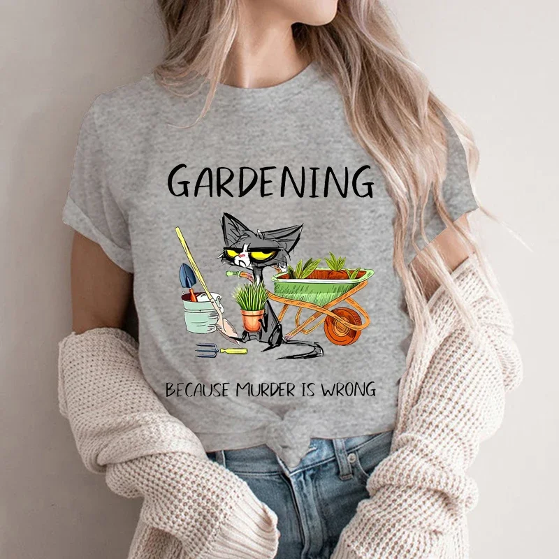 Women\'s T-shirts Gardening Because Murder Is Wrong Shirt Black Cat Tshirts Funny Cat Tees Gardening Lover Shirts Sarcastic Tees