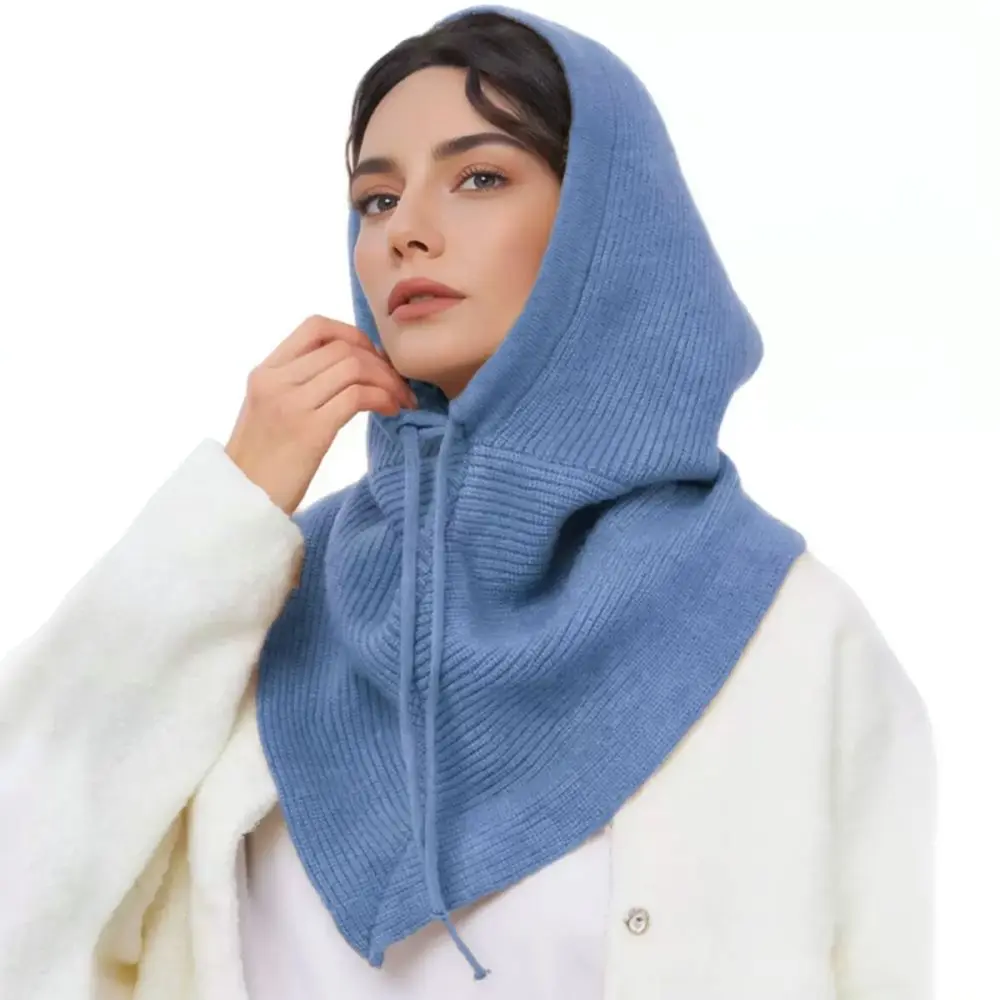 Winter Thermal Knitted Balaclava Hat Integrated Scarf Warm Hooded Beanie Adjustable Drawstring Windproof Soft Neck Warmer Women