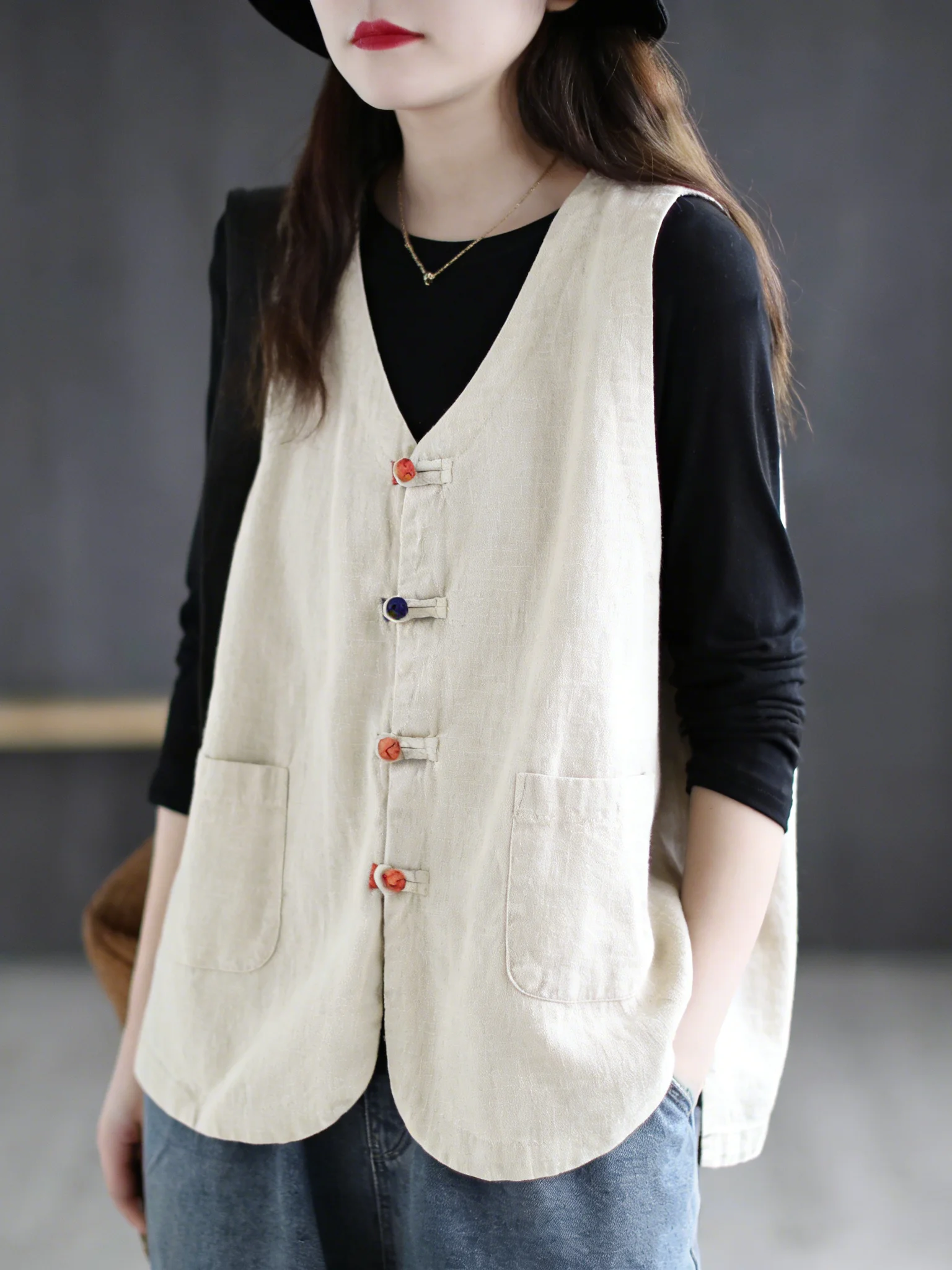 

New Chinese Style Loose Fit Cotton Linen Vest Women's Spring Summer Thin V-Neck National Style Backless Tank Top