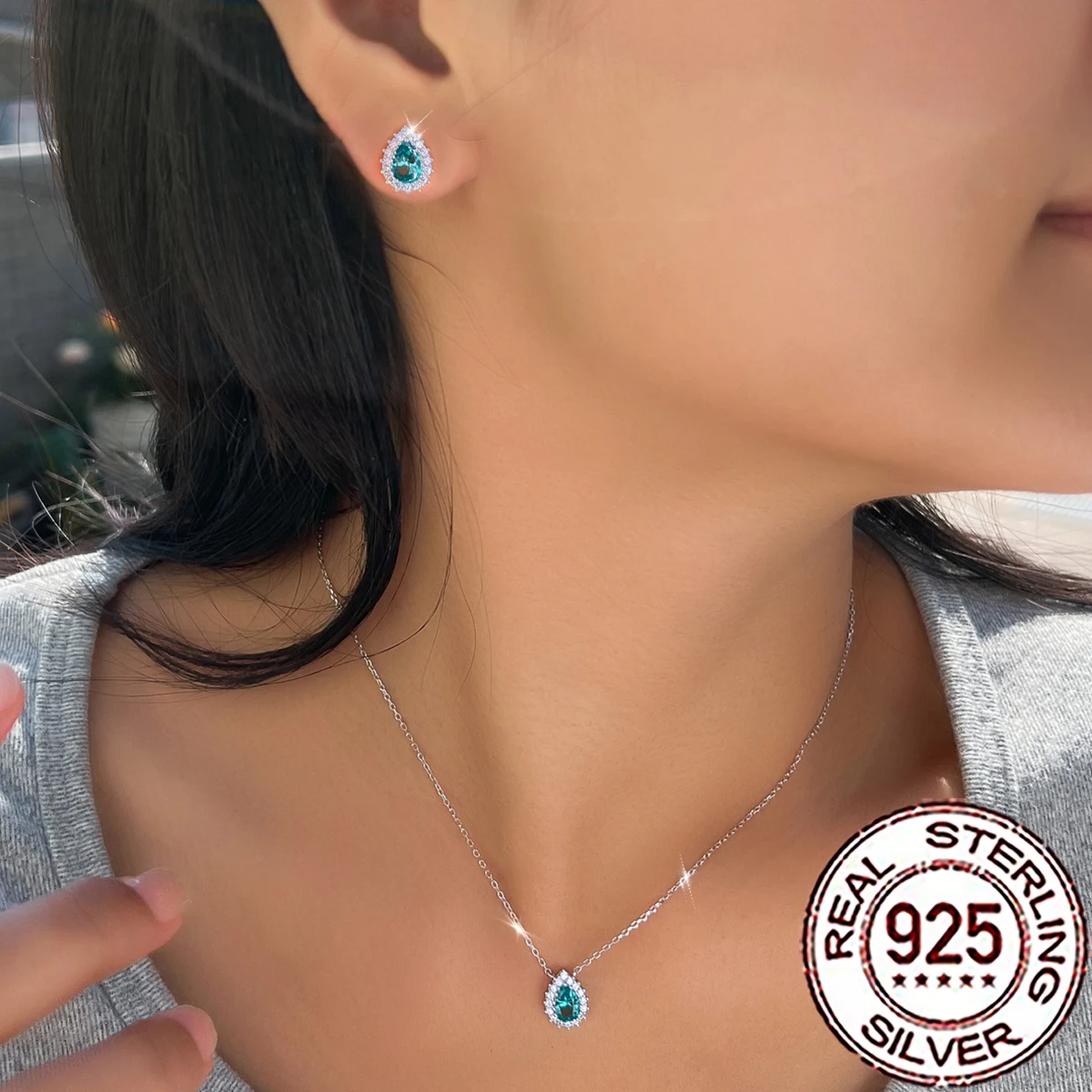 QooLady 925 Silber Luxus Grüner Paraiba-Edelstein und CZ Anhänger Halskette Ohrring-Sets für Damen Hochzeit Party Edelschmuck ST056 – Detail 4