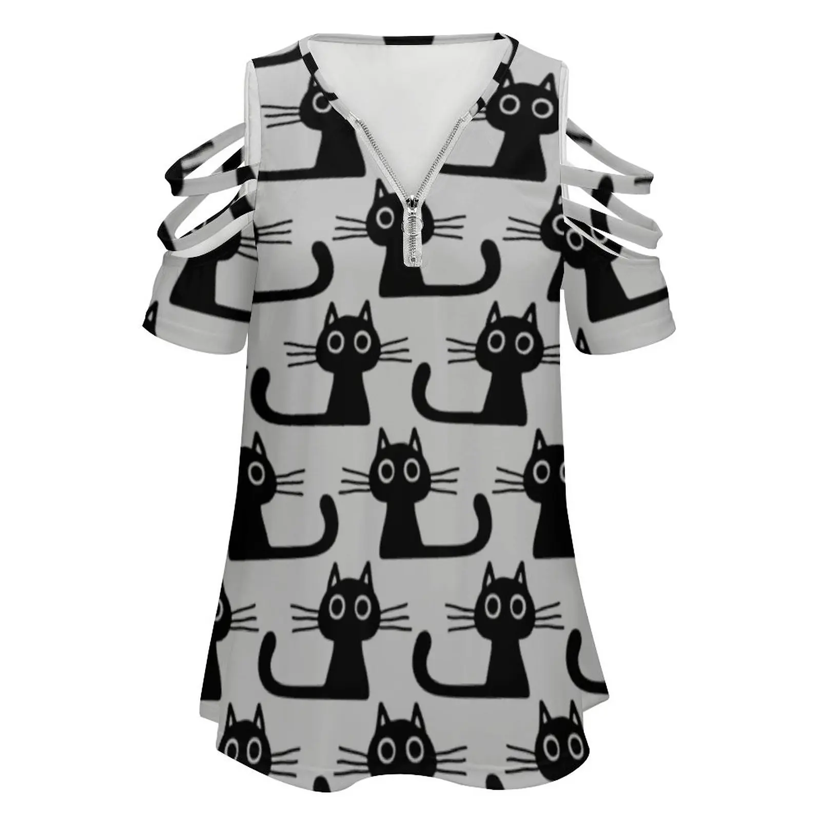 Cutie Kitty Cat Wide Eyed Black Kitten New Fashion Zip Off Shoulder Top Short-Sleeve Women Shirt Cat Kitty Kitten Cats Cat